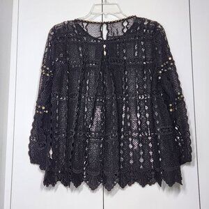 Anthropologie Maeve Auralis Black Sheer Lace Embellished Top Size S